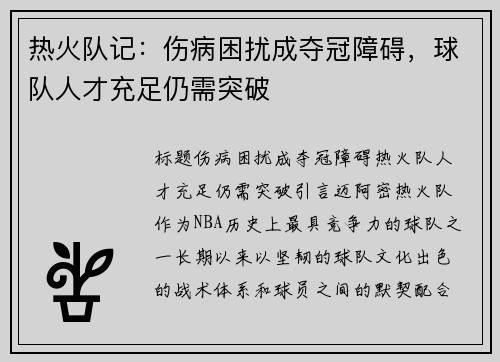 热火队记：伤病困扰成夺冠障碍，球队人才充足仍需突破